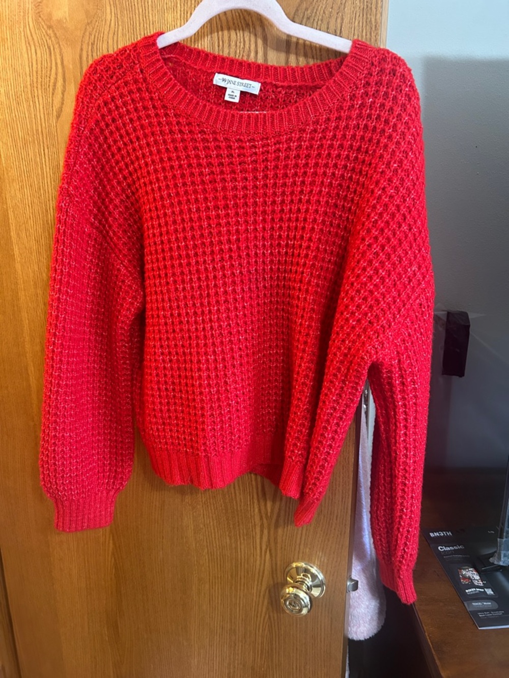 Nine West Bright Red Waffle Knit Crewneck Sweater